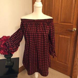 Black and red buffalo plaid look off shoulder top